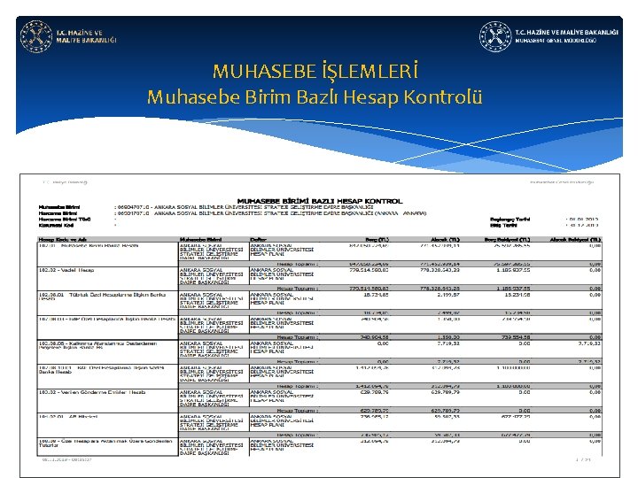 MUHASEBE İŞLEMLERİ Muhasebe Birim Bazlı Hesap Kontrolü 