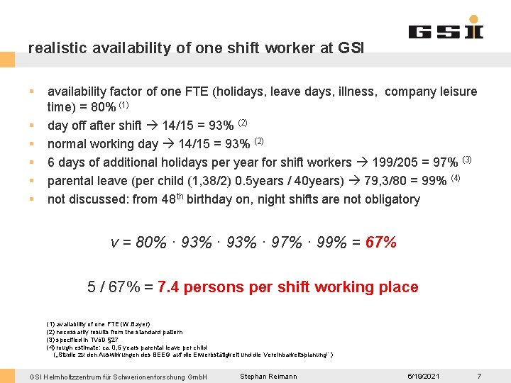 realistic availability of one shift worker at GSI § § § availability factor of
