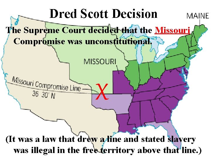 Dred Scott Decision The Supreme Court decided that the Missouri Compromise was unconstitutional. X