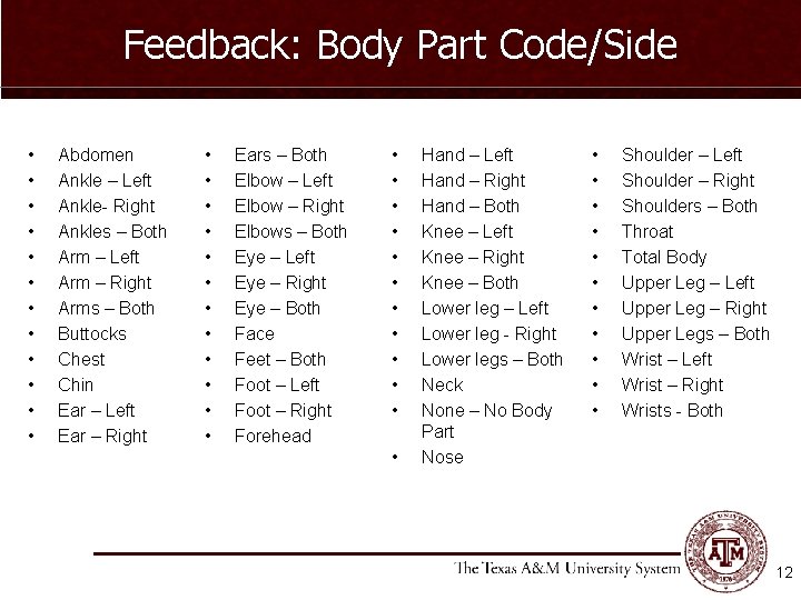 Feedback: Body Part Code/Side • • • Abdomen Ankle – Left Ankle- Right Ankles