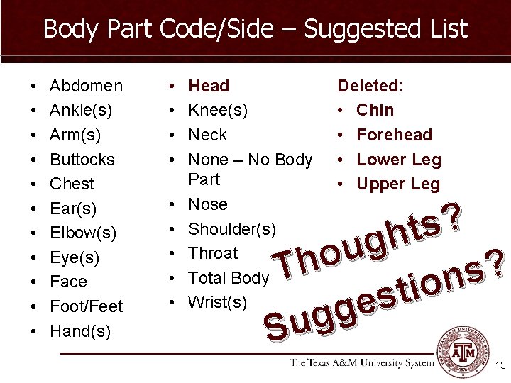 Body Part Code/Side – Suggested List • • • Abdomen Ankle(s) Arm(s) Buttocks Chest