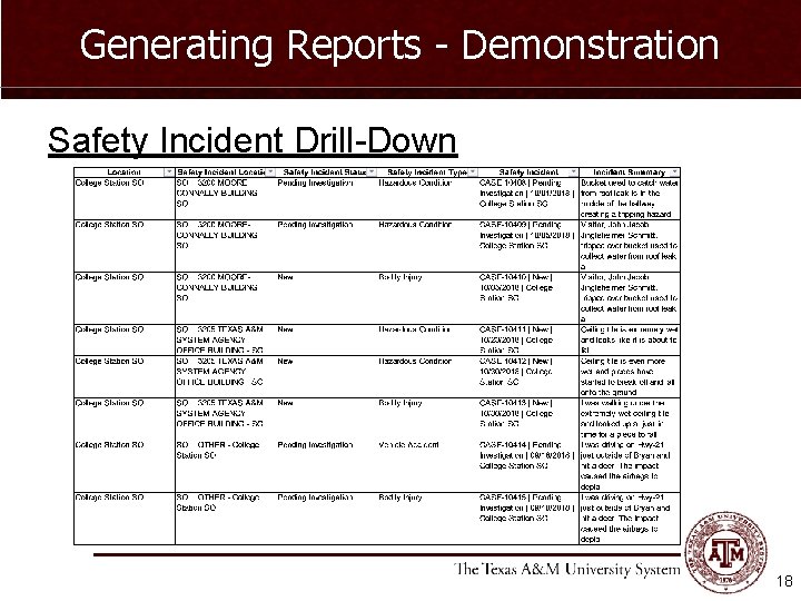 Generating Reports - Demonstration Safety Incident Drill-Down 18 