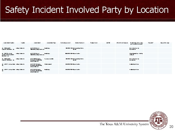 Safety Incident Involved Party by Location Safety Incident Type Date of injury or onset