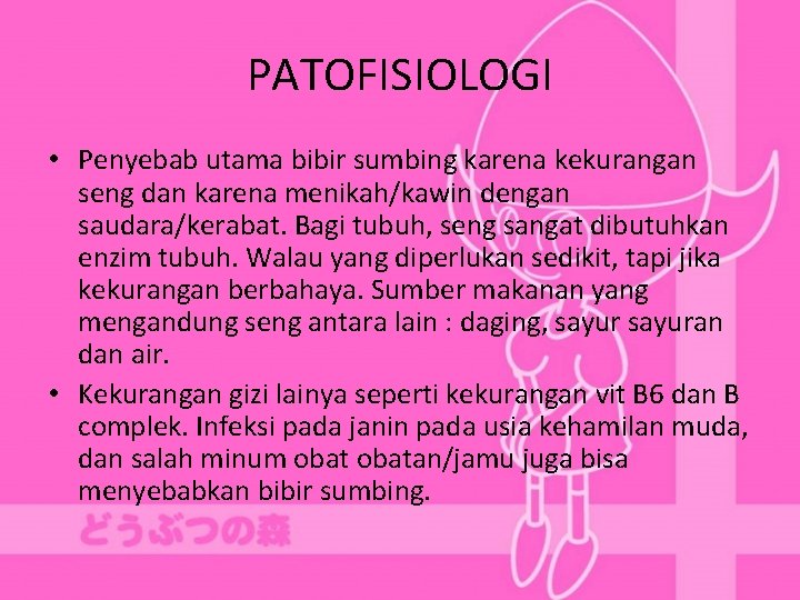 PATOFISIOLOGI • Penyebab utama bibir sumbing karena kekurangan seng dan karena menikah/kawin dengan saudara/kerabat.