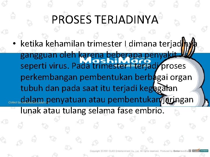 PROSES TERJADINYA • ketika kehamilan trimester I dimana terjadinya gangguan oleh karena beberapa penyakit