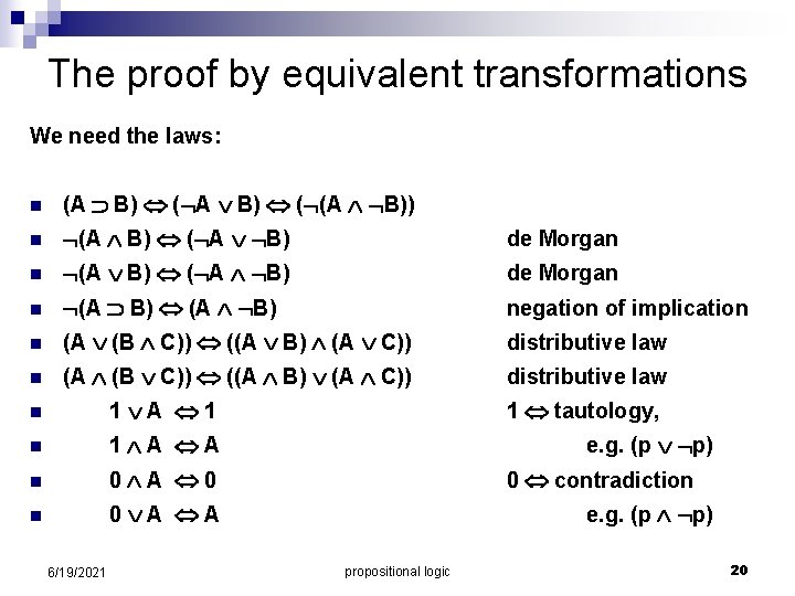 The proof by equivalent transformations We need the laws: n (A B) ( (A