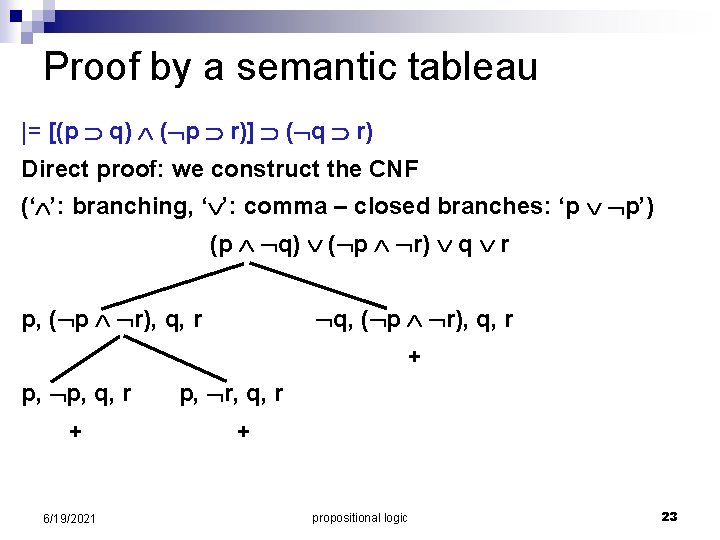 Proof by a semantic tableau |= [(p q) ( p r)] ( q r)