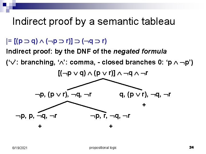 Indirect proof by a semantic tableau |= [(p q) ( p r)] ( q