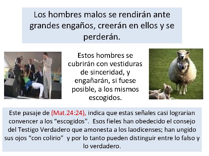 Los hombres malos se rendirán ante grandes engaños, creerán en ellos y se perderán. Los hombres malos se rendirán ante grandes engaños, creerán en ellos y se perderán.
