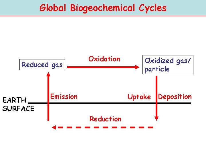 Global Biogeochemical Cycles Reduced gas EARTH SURFACE Oxidation Emission Oxidized gas/ particle Uptake Reduction