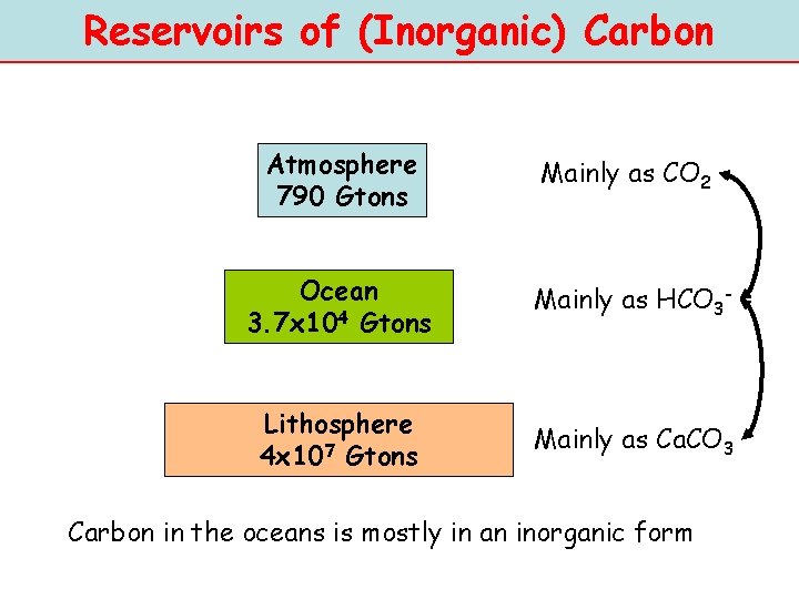 Reservoirs of (Inorganic) Carbon Atmosphere 790 Gtons Mainly as CO 2 Ocean 3. 7