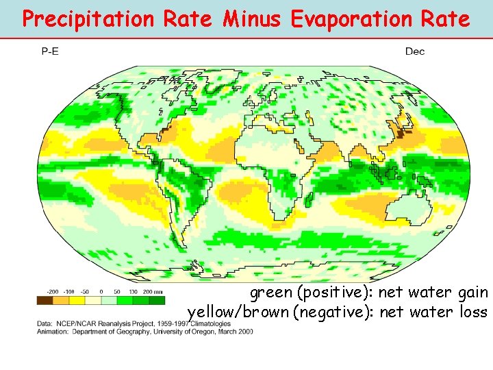 Precipitation Rate Minus Evaporation Rate green (positive): net water gain yellow/brown (negative): net water