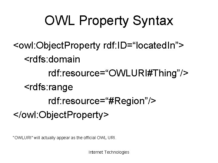 OWL Property Syntax <owl: Object. Property rdf: ID=“located. In”> <rdfs: domain rdf: resource=“OWLURI#Thing”/> <rdfs: