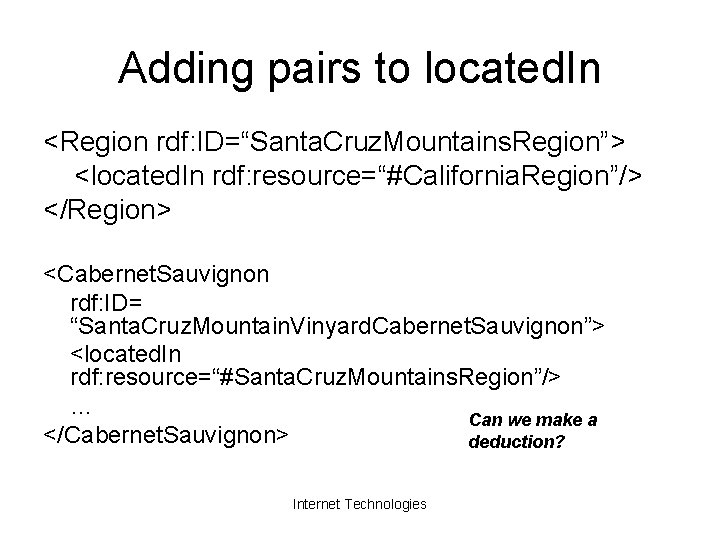 Adding pairs to located. In <Region rdf: ID=“Santa. Cruz. Mountains. Region”> <located. In rdf: