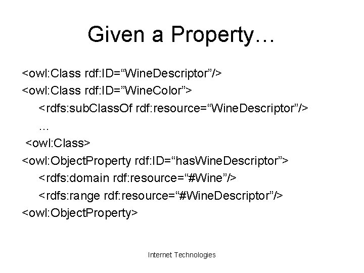 Given a Property… <owl: Class rdf: ID=“Wine. Descriptor”/> <owl: Class rdf: ID=”Wine. Color”> <rdfs: