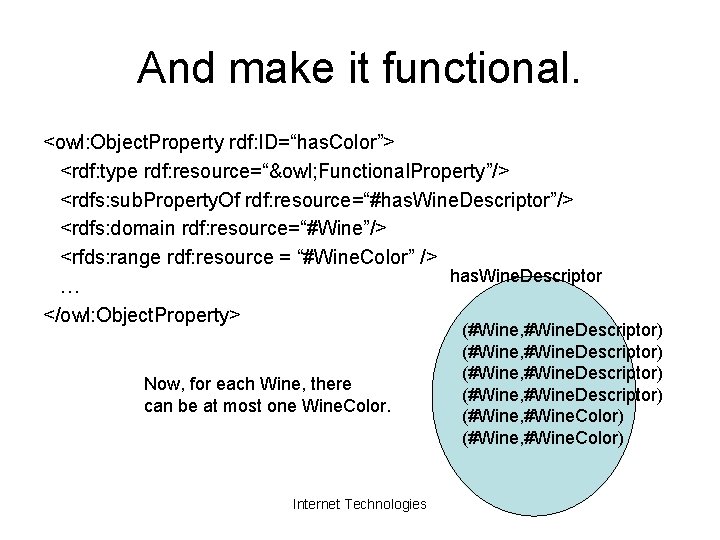 And make it functional. <owl: Object. Property rdf: ID=“has. Color”> <rdf: type rdf: resource=“&owl;
