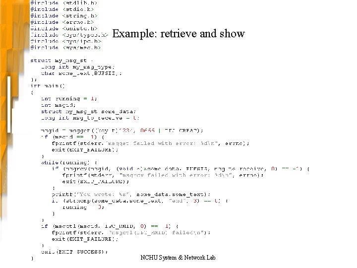 Example: retrieve and show NCHU System & Network Lab 