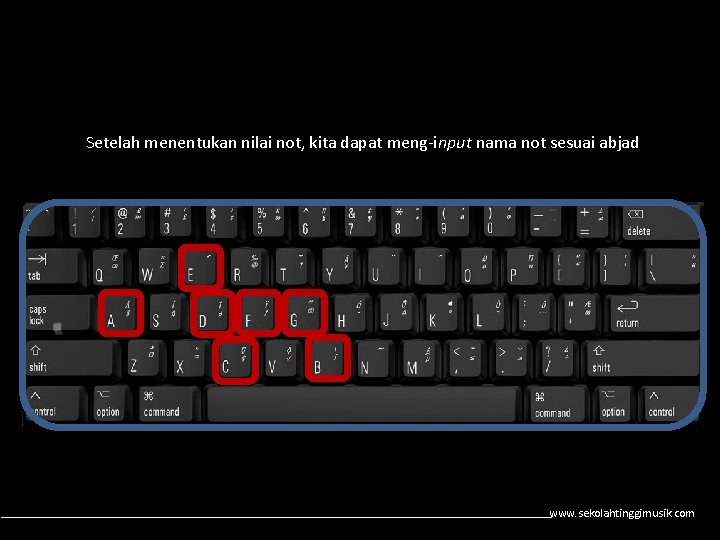 Setelah menentukan nilai not, kita dapat meng-input nama not sesuai abjad www. sekolahtinggimusik. com