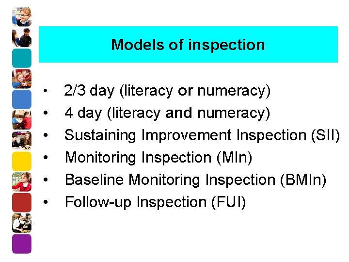 Models of inspection • • • 2/3 day (literacy or numeracy) 4 day (literacy