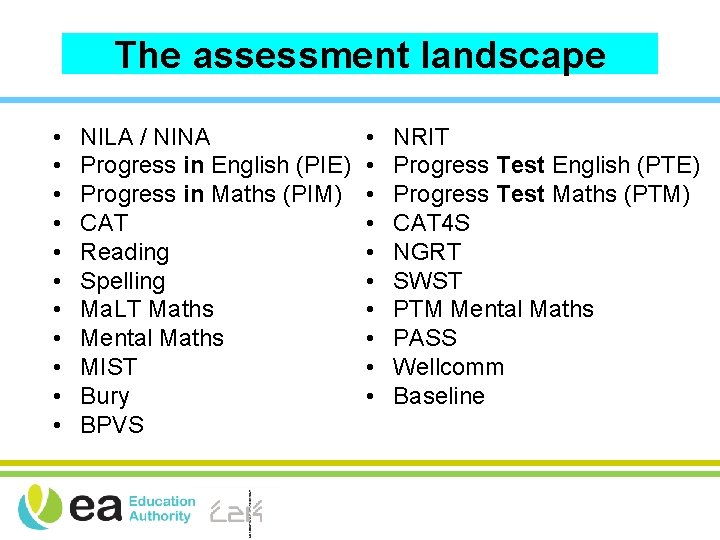 The assessment landscape • • • NILA / NINA Progress in English (PIE) Progress
