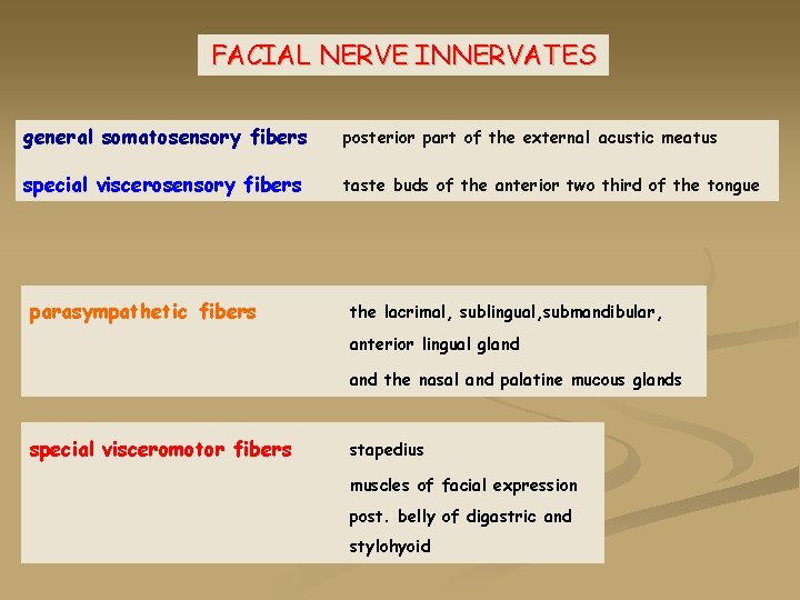 FACIAL NERVE INNERVATES general somatosensory fibers posterior part of the external acustic meatus special