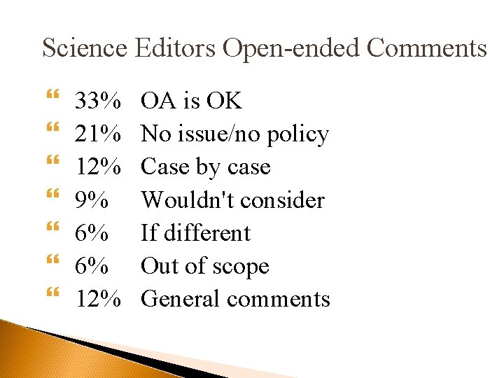 Science Editors Open-ended Comments 33% 21% 12% 9% 6% 6% 12% OA is OK