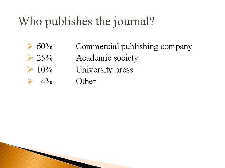 Who publishes the journal? Ø 60% Ø 25% Ø 10% Ø 4% Commercial publishing