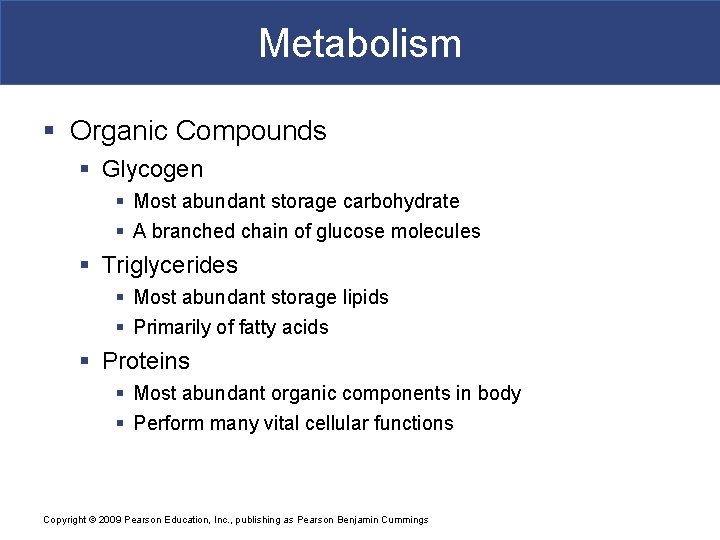 Metabolism § Organic Compounds § Glycogen § Most abundant storage carbohydrate § A branched