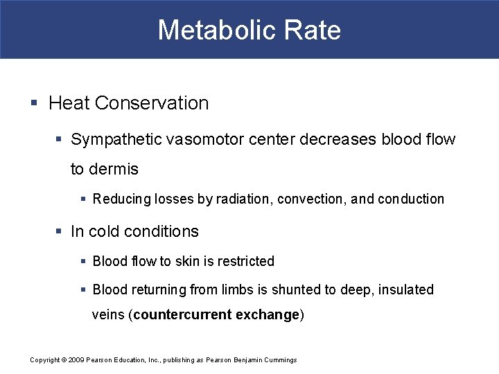 Metabolic Rate § Heat Conservation § Sympathetic vasomotor center decreases blood flow to dermis
