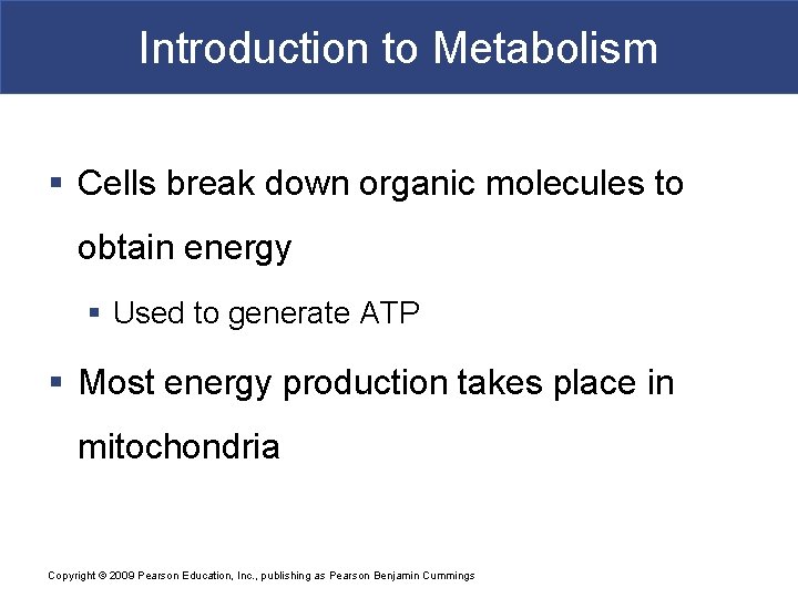 Introduction to Metabolism § Cells break down organic molecules to obtain energy § Used