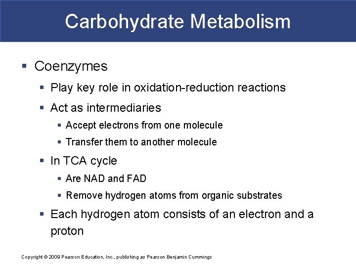 Carbohydrate Metabolism § Coenzymes § Play key role in oxidation-reduction reactions § Act as