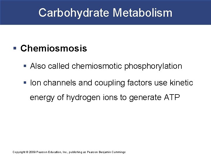 Carbohydrate Metabolism § Chemiosmosis § Also called chemiosmotic phosphorylation § Ion channels and coupling