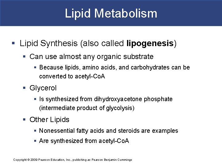Lipid Metabolism § Lipid Synthesis (also called lipogenesis) § Can use almost any organic