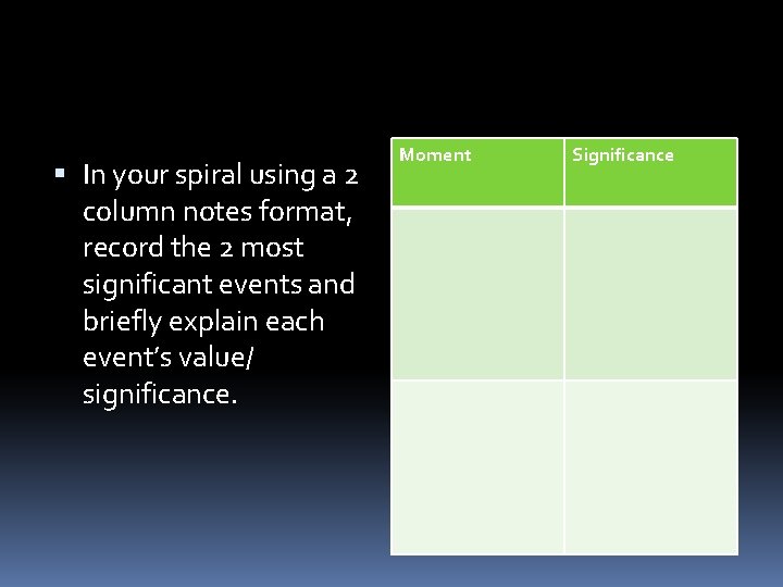  In your spiral using a 2 column notes format, record the 2 most