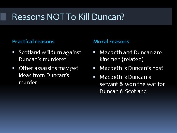 Reasons NOT To Kill Duncan? Practical reasons Moral reasons Scotland will turn against Duncan’s