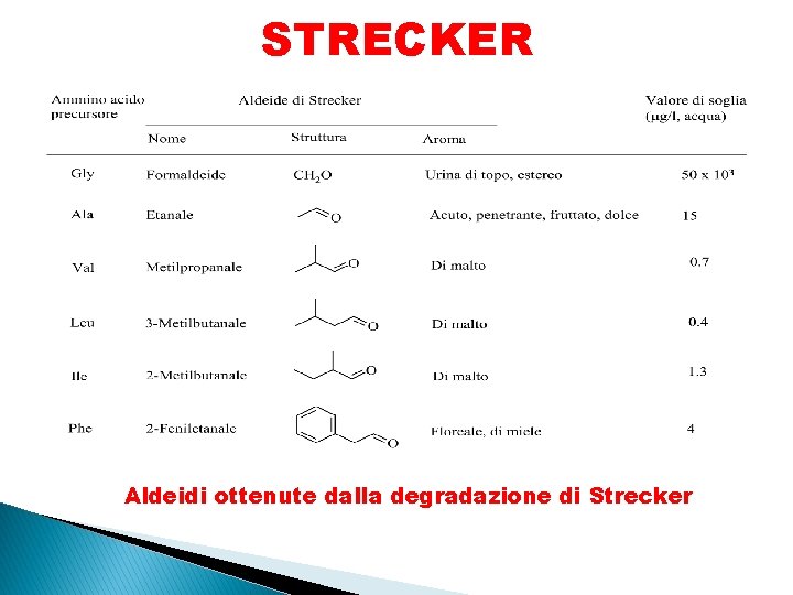 STRECKER Aldeidi ottenute dalla degradazione di Strecker 