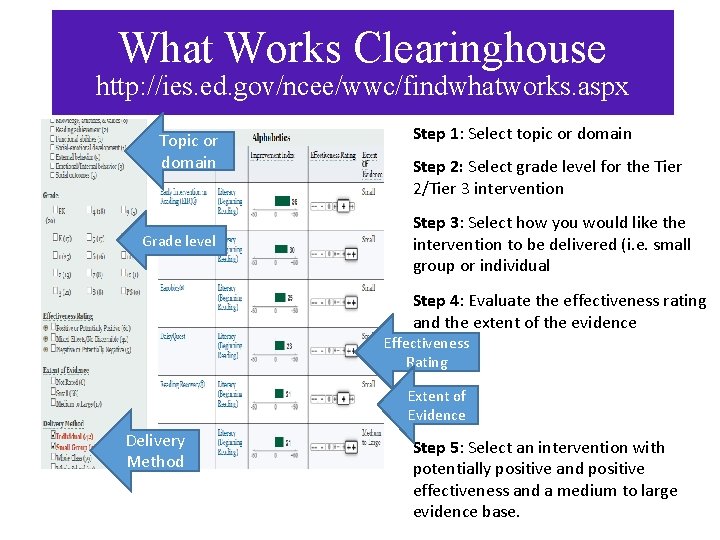 What Works Clearinghouse http: //ies. ed. gov/ncee/wwc/findwhatworks. aspx Topic or domain Grade level Step