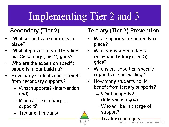 Implementing Tier 2 and 3 Secondary (Tier 2) • What supports are currently in