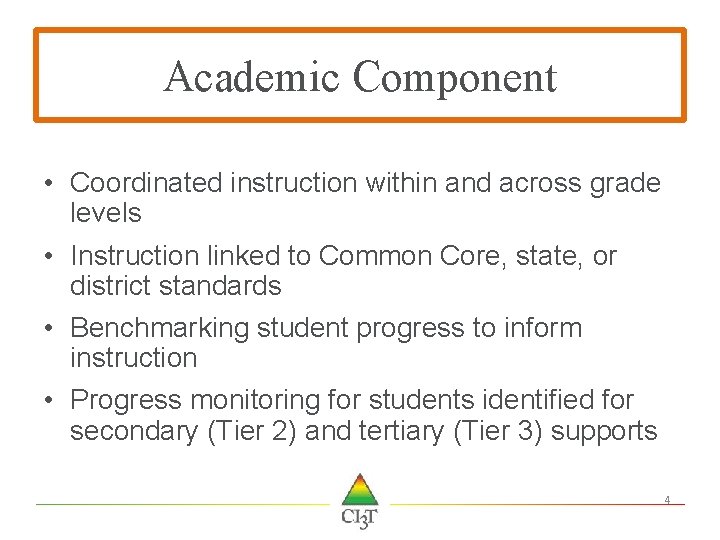 Academic Component • Coordinated instruction within and across grade levels • Instruction linked to