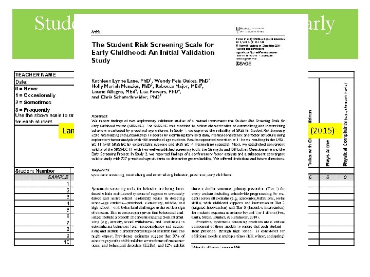 Student Risk Screening Scale –Early Childhood (SRSS-EC) Lane, Oakes, Menzies, Major, Allegra, Powers and