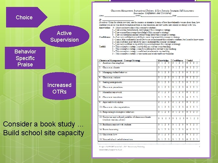 Choice Active Supervision Behavior Specific Praise Increased OTRs Consider a book study … Build