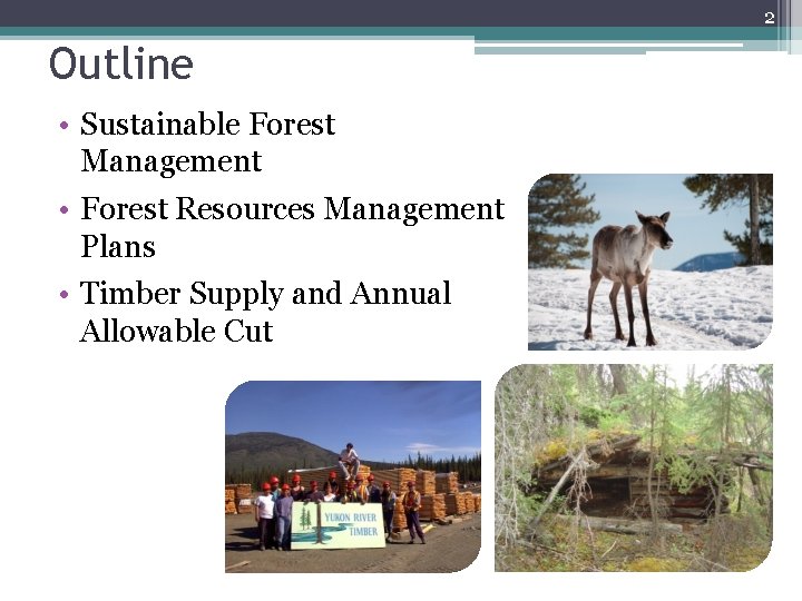 2 Outline • Sustainable Forest Management • Forest Resources Management Plans • Timber Supply