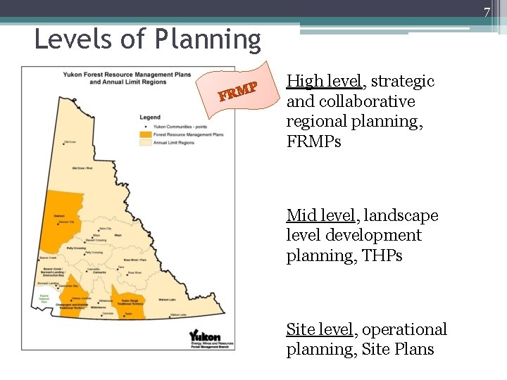 7 Levels of Planning High level, strategic and collaborative regional planning, FRMPs Mid level,