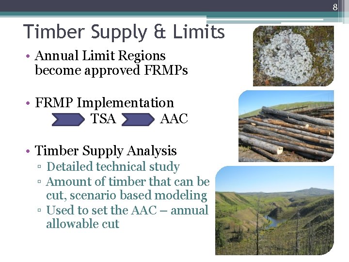 8 Timber Supply & Limits • Annual Limit Regions become approved FRMPs • FRMP