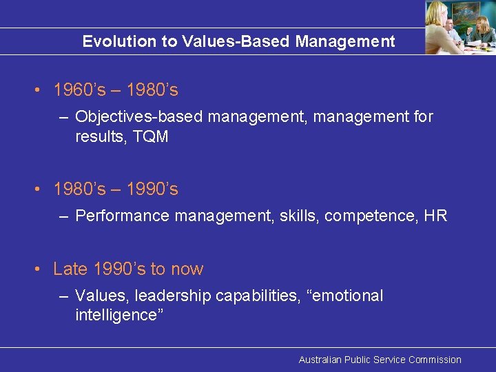 Evolution to Values-Based Management • 1960’s – 1980’s – Objectives-based management, management for results,