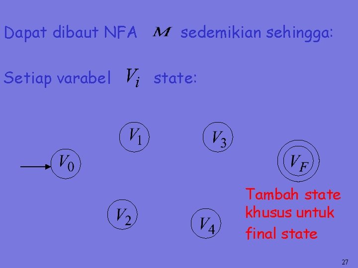 Dapat dibaut NFA Setiap varabel sedemikian sehingga: state: Tambah state khusus untuk final state