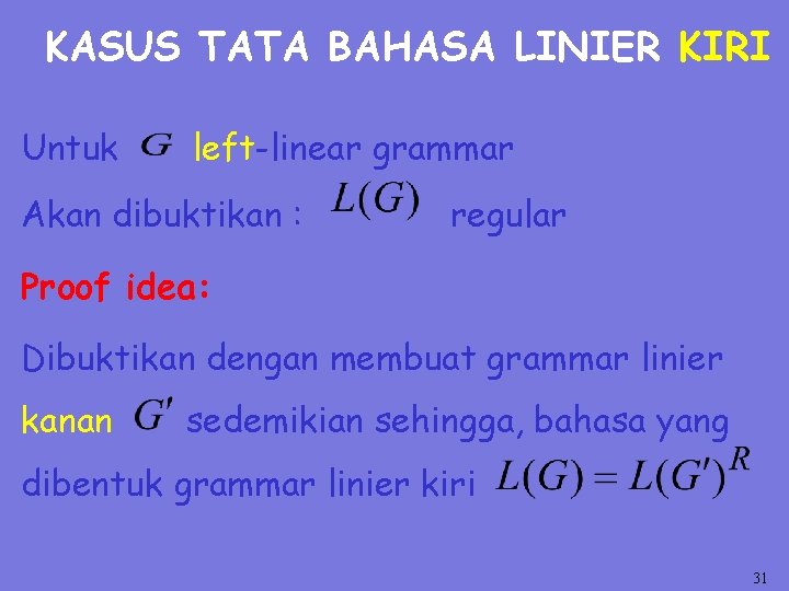 KASUS TATA BAHASA LINIER KIRI Untuk left-linear grammar Akan dibuktikan : regular Proof idea: