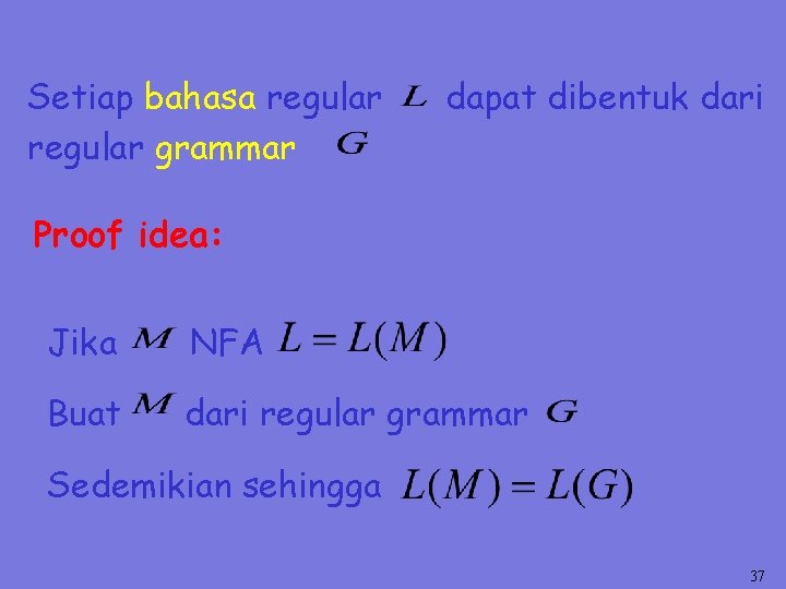 Setiap bahasa regular grammar dapat dibentuk dari Proof idea: Jika NFA Buat dari regular