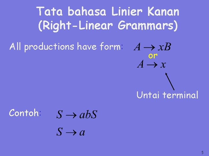 Tata bahasa Linier Kanan (Right-Linear Grammars) All productions have form: or Untai terminal Contoh: