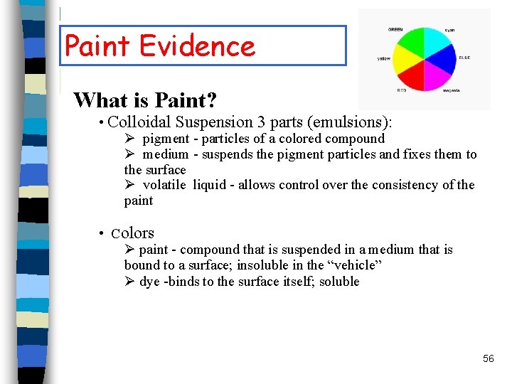 Paint Evidence What is Paint? • Colloidal Suspension 3 parts (emulsions): Ø pigment -